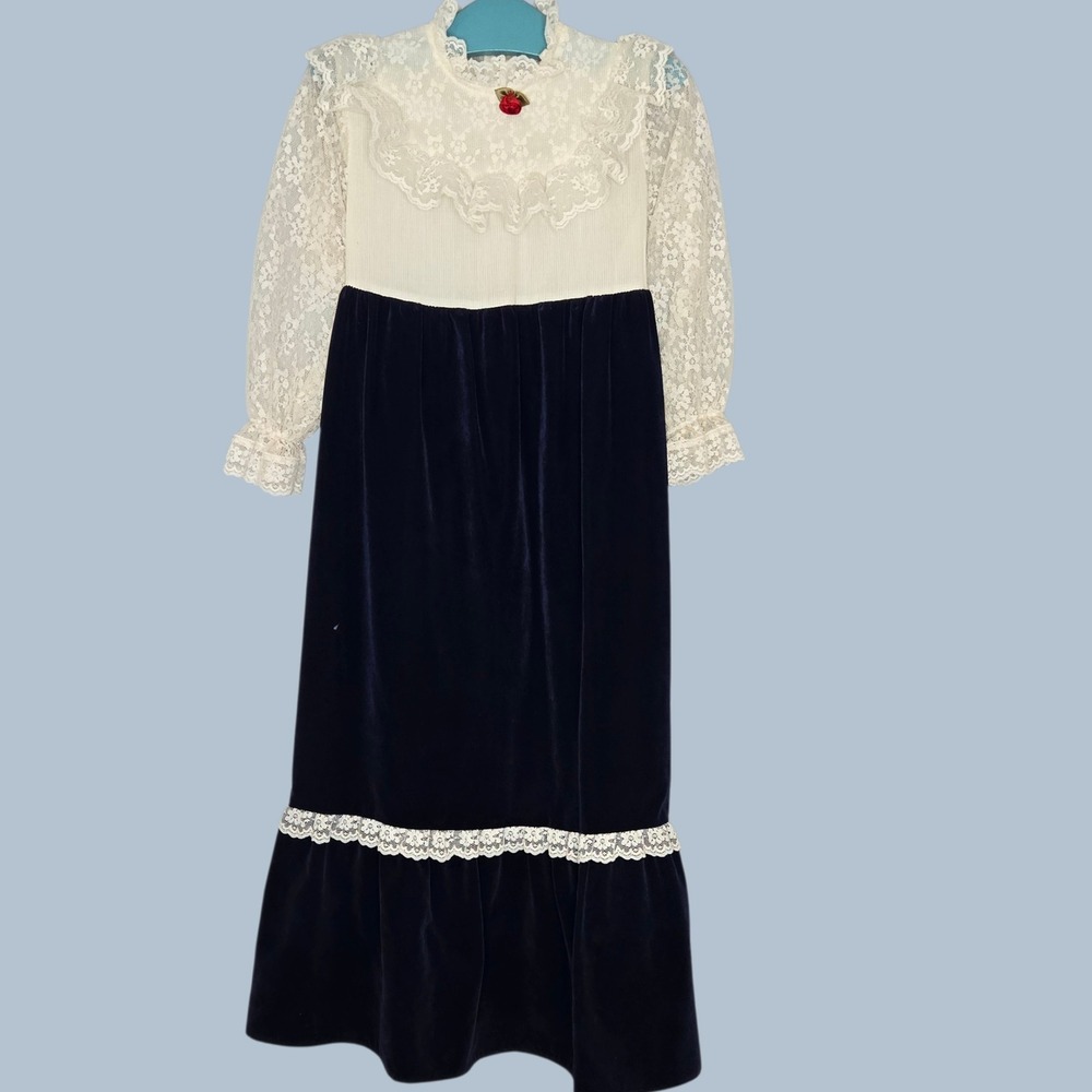Vtg 70s‎ JCPenney Velvet Prairie Dress 4 Navy Blue White Lace Holiday Victorian